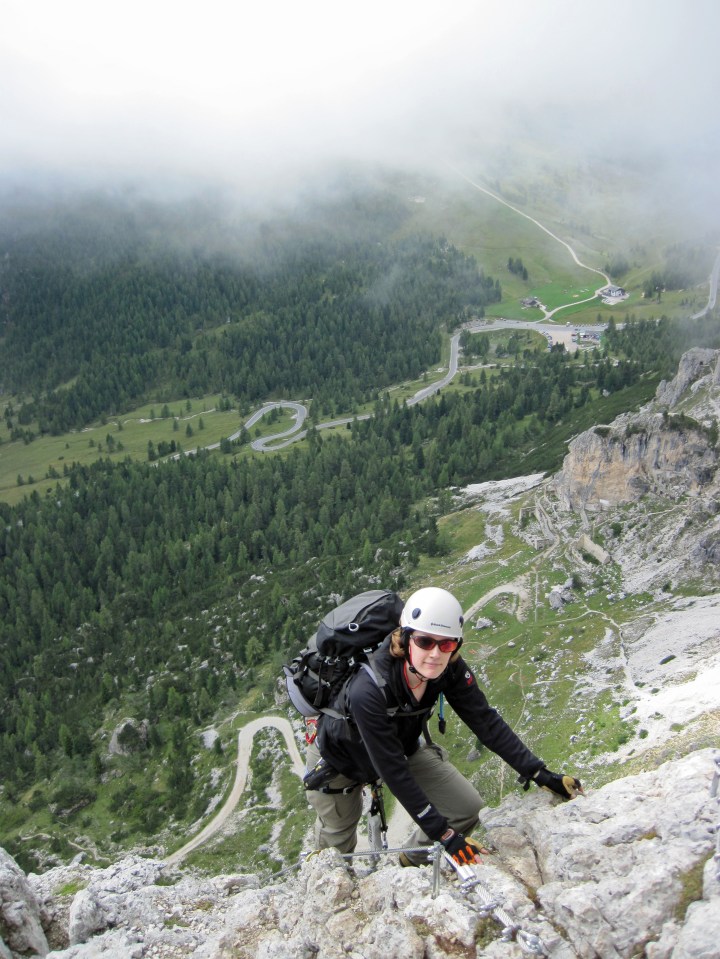Valerie climbing the Via Ferrata degli Alpini.
