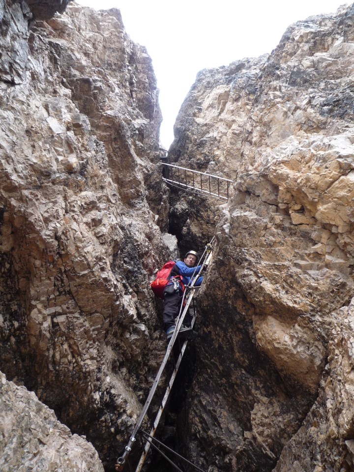 Me climbing the ladders on the Via Ferrata Delle Scalette.