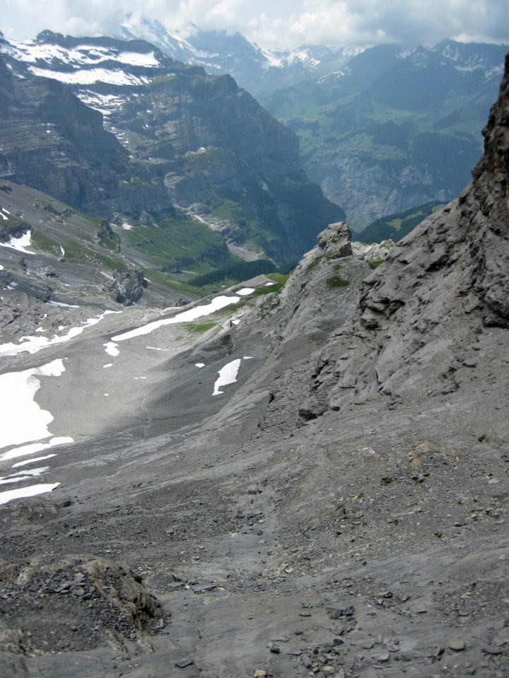 The descent route from the Rotstock, with the Eigergletscher Station in the distance.