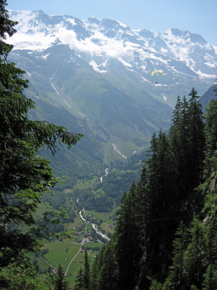A view from the Murren-Gimmelwald Via Ferrata (including a paraglider).