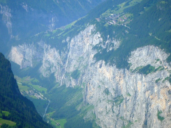 Gimmelwald (on the left) and Murren sitting above the cliffs of the Lauterbrunnen Valley.