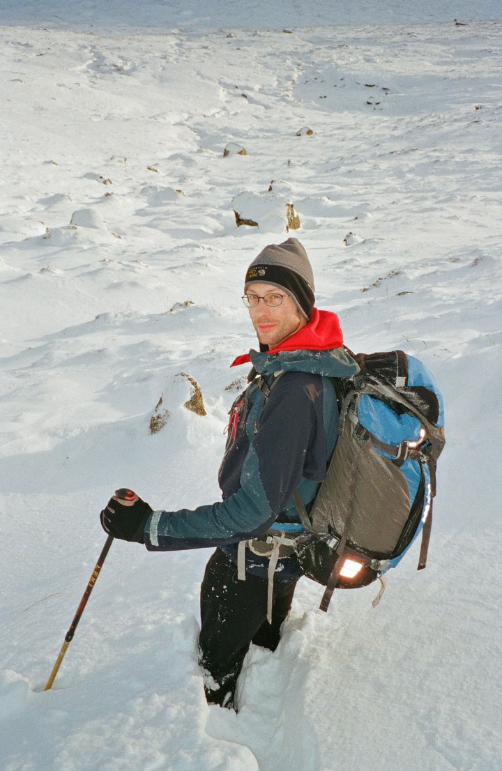 In deep snow (and wearing the Dome Perignon) descending from Chno Dearg.