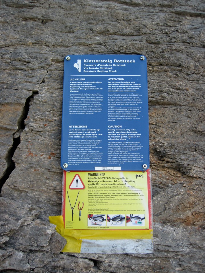 The warning sign at the start of the Rotstock Via Ferrata in Switzerland.