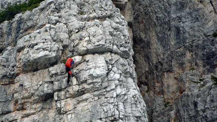 Me climbing the Via Ferrata Michielli Strobel in the Dolomites.