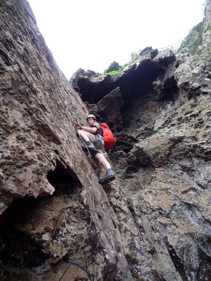 Me climbing the last wall on the Via Ferrata La Guagua on Gran Canaria in the Canary Islands.