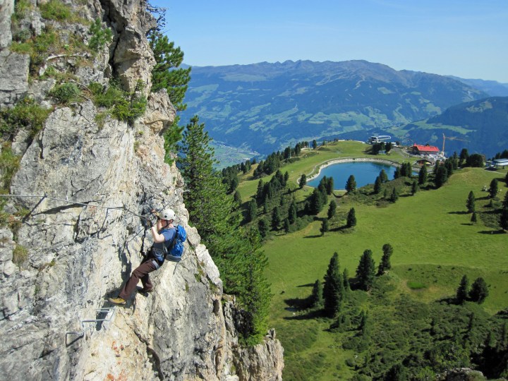 Valerie climbing the Klettersteig Knorren