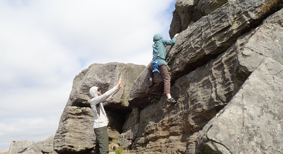 Climbing the problem Fe at High Crag (Stump Cross)
